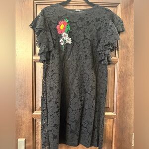Zara Black Lace Dress with Red & White Floral Embroidery